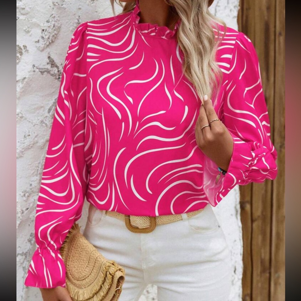 Hot pink Abstract Print Ruffle Frill Long Sleeve Top Blouse Shirt - Picture 5 of 6